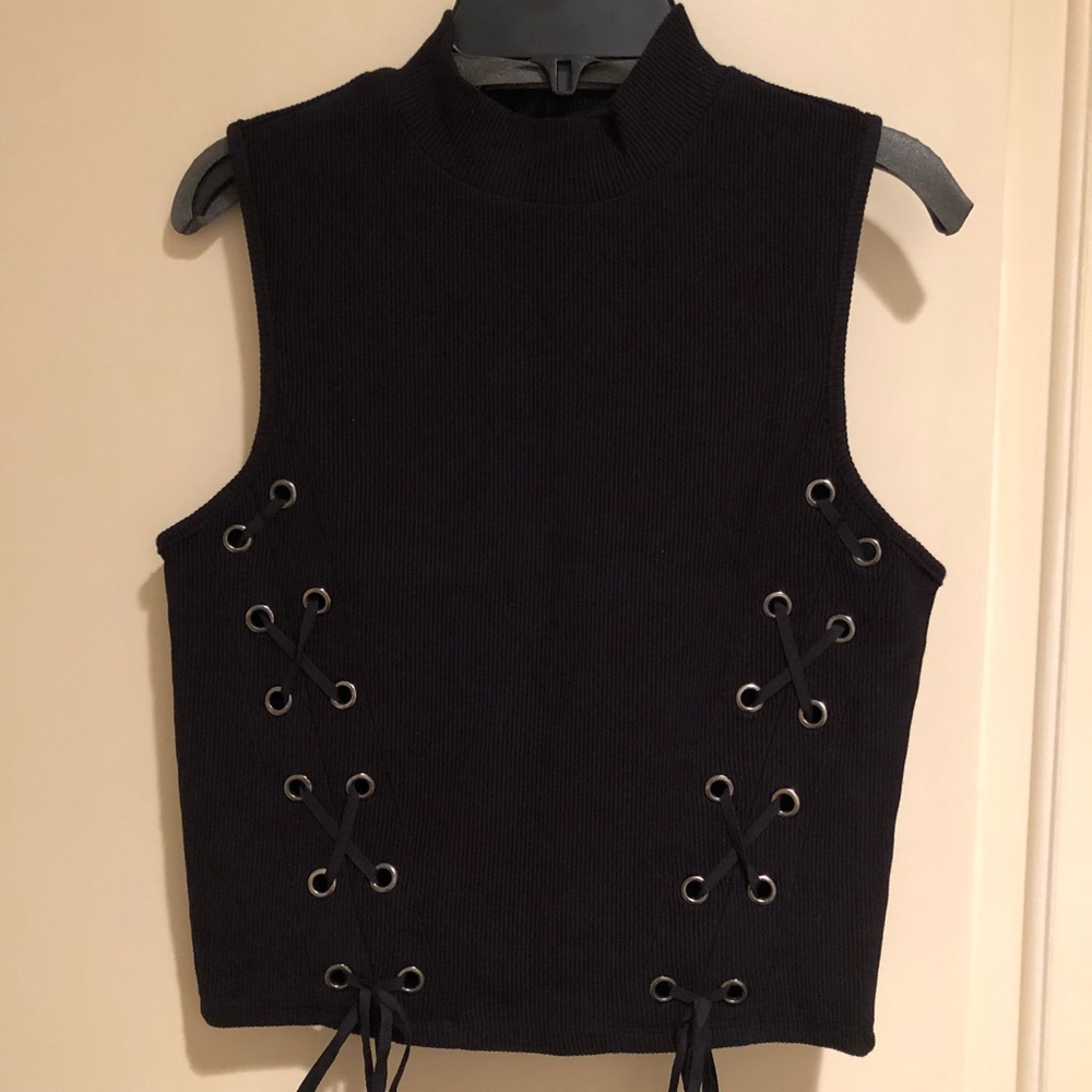 Top shop black cropped turtleneck with eyelets